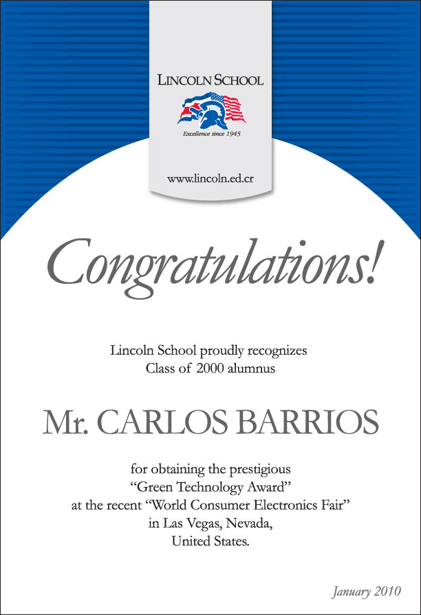Lincoln School Honors Tenrehte Engineer Carlos BARRIOS (Costa Rica)